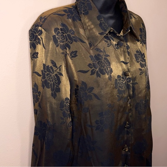 Vintage 90s Size 14 Christie And Jill Green Iridescent Floral Button Up Blouse - Picture 3 of 14